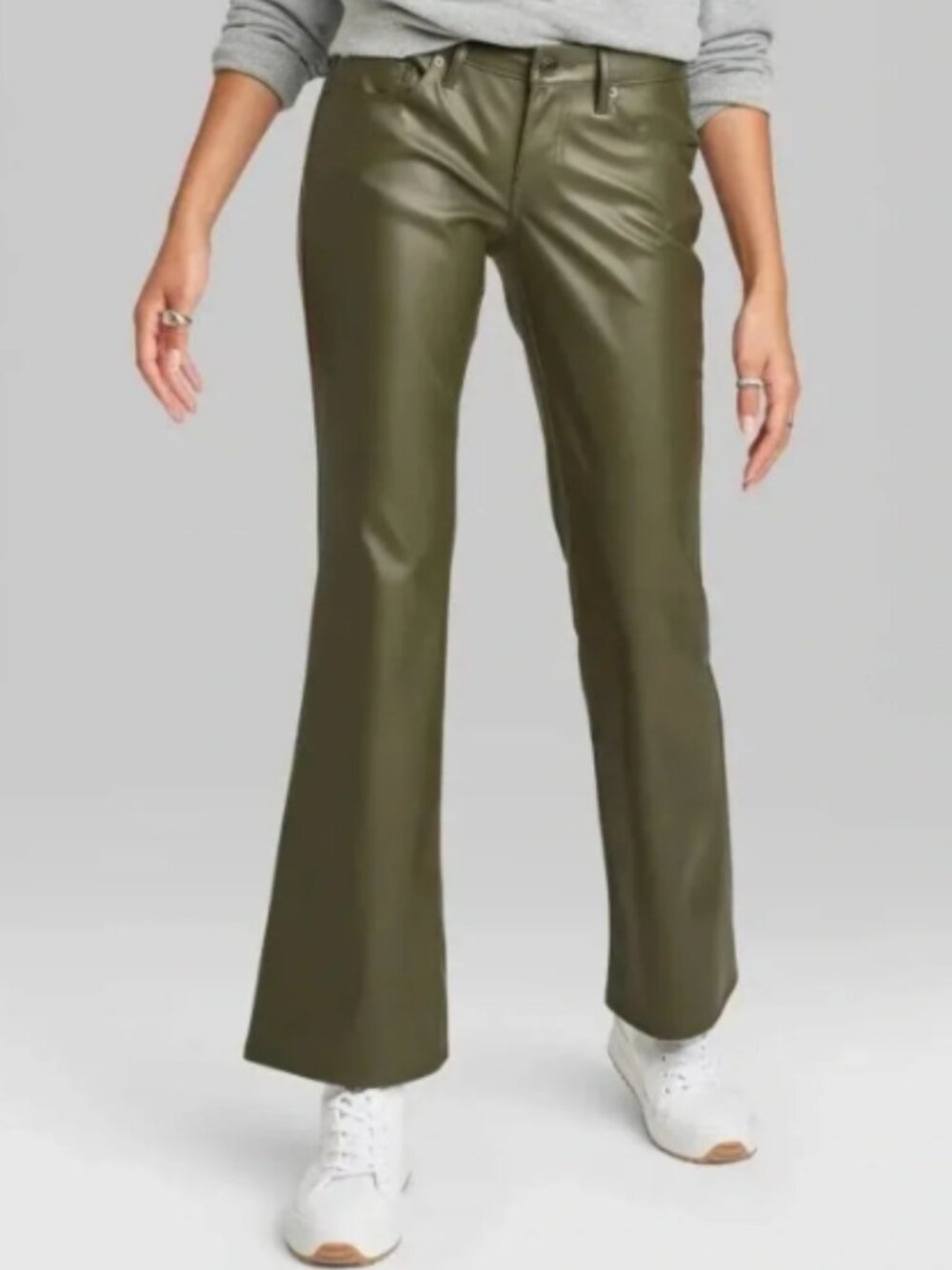 Wild Fable Women's Size 2 Low-Rise Flare Pant Olive Green Vegan Leather Pockets
